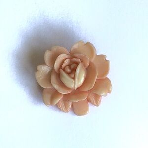 Vintage Intricately Carved Celluloid Rose Faux Coral Brooch Older C Clasp